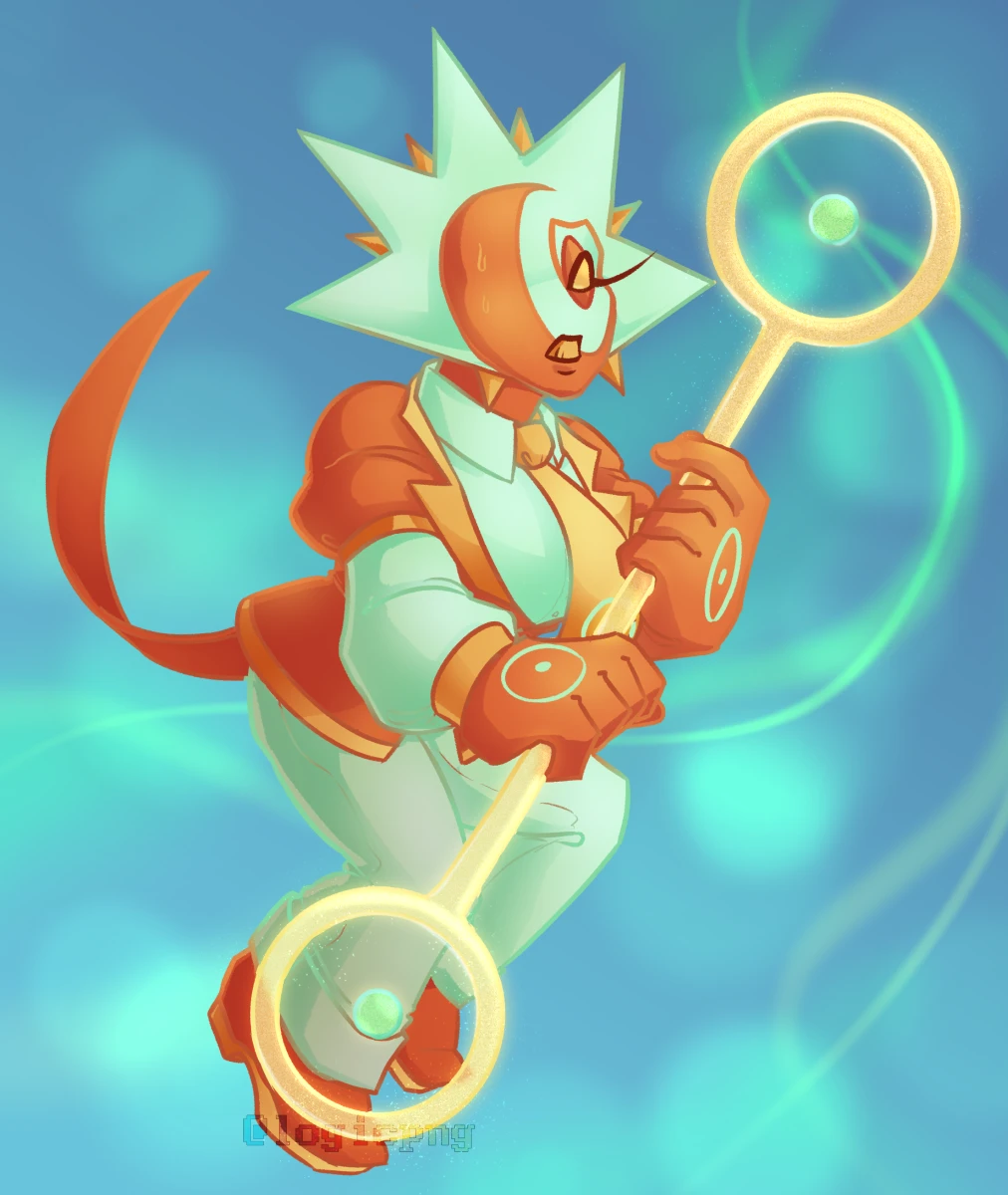 Digital drawing of Aster (Rigel fronting, nervous) with a glassy staff, ending on both sides with loops with a middle core in them, green light flowing from its top end.
